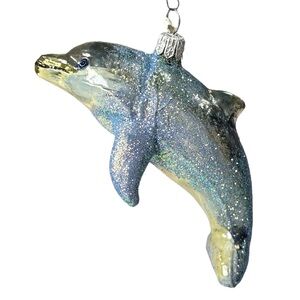 Dolphin Mercury Glass Glitter Blue Gold Christmas Ornament 4.25" Poland Sea Life